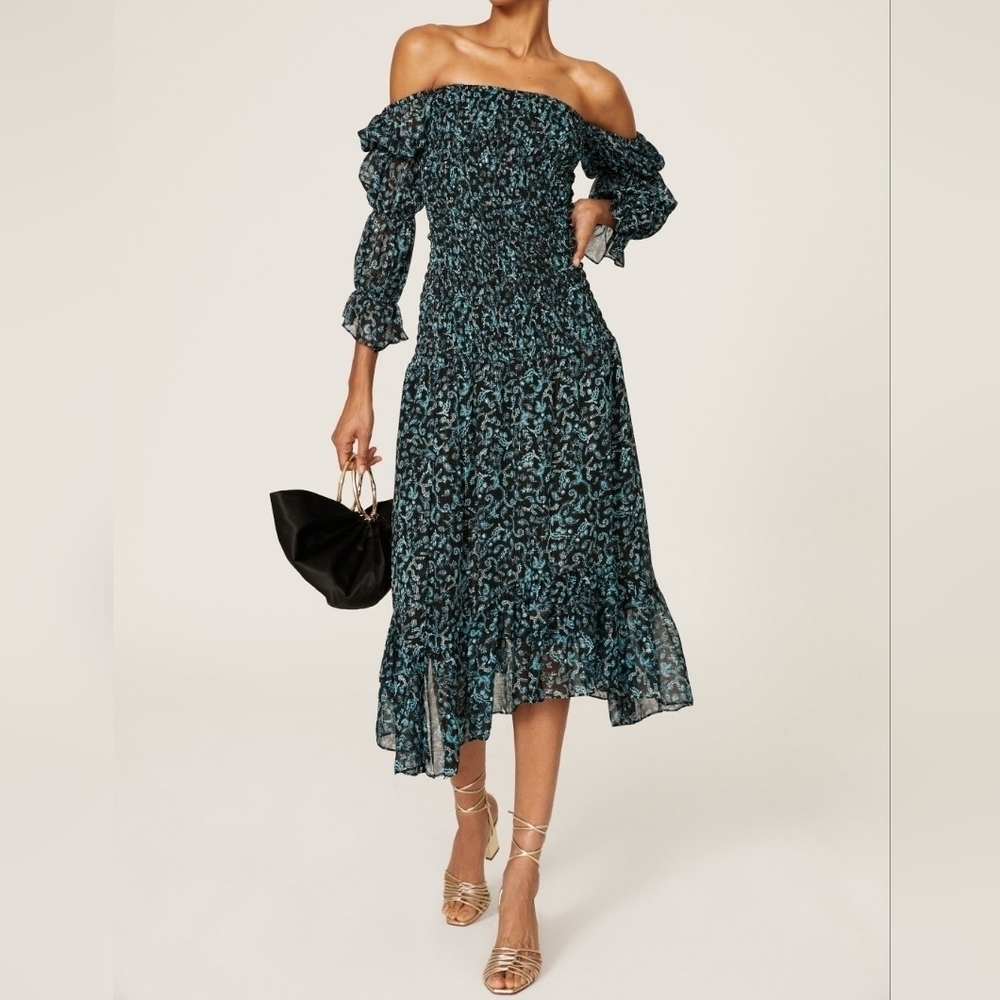 Misa Blue Floral Chiffon Smocked Puff-Sleeve Off-The-Shoulder Rashida Maxi Dress